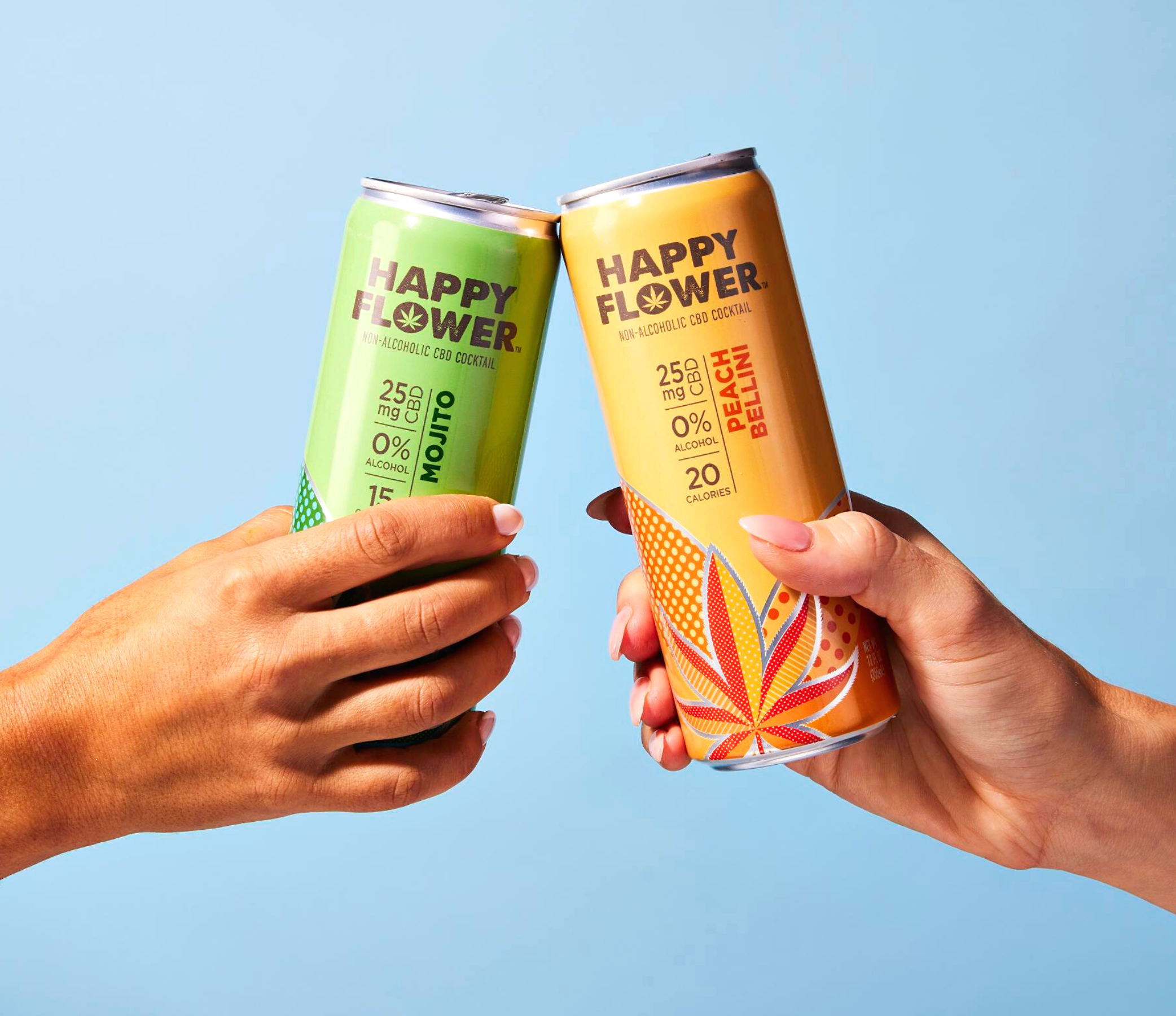 Happy Flower non-alcoholic CBD cocktails. Cheers Bellini and Mojito canned cocktails. 