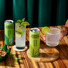Happy Flower non-alcoholic CBD cocktails. Margarita canned cocktail. CBD Margarita with salt rim. Canned mojito. 